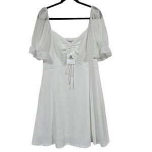 Wenrine NWT White Sheer Puff-Sleeve Mini Dress with Tie-Front Detail